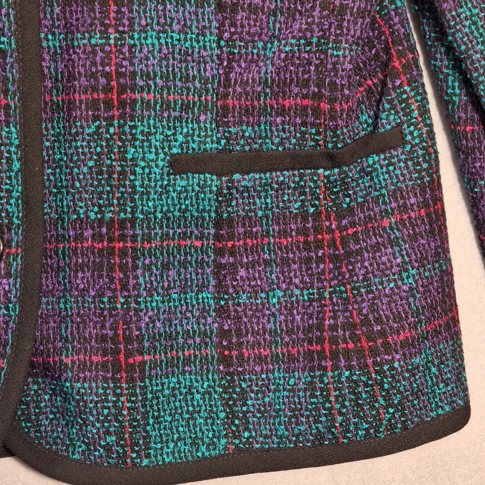 NWT Vintage 80s Jewel Tone Plaid Blazer Wool Blend Fitted USA Union Made Size 10 - Picture 4 of 15